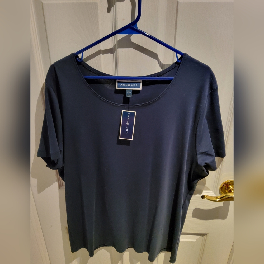 Karen Scott Navy Short Sleeve Tee, Size XXL